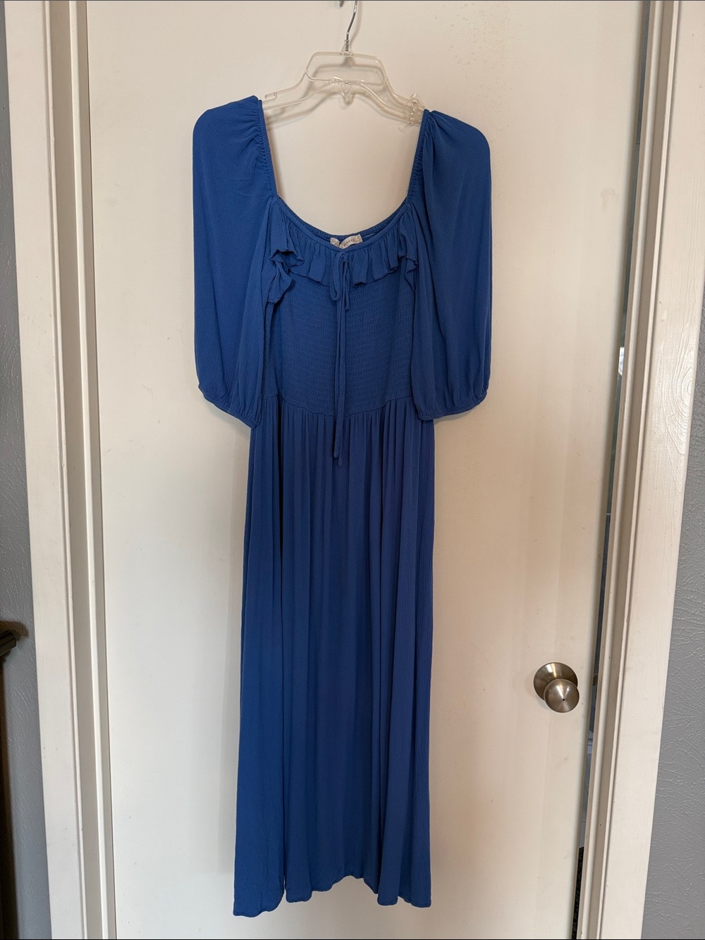 Royal Blue Midi Dress with Puff Sleeves and Ruffle Neckline